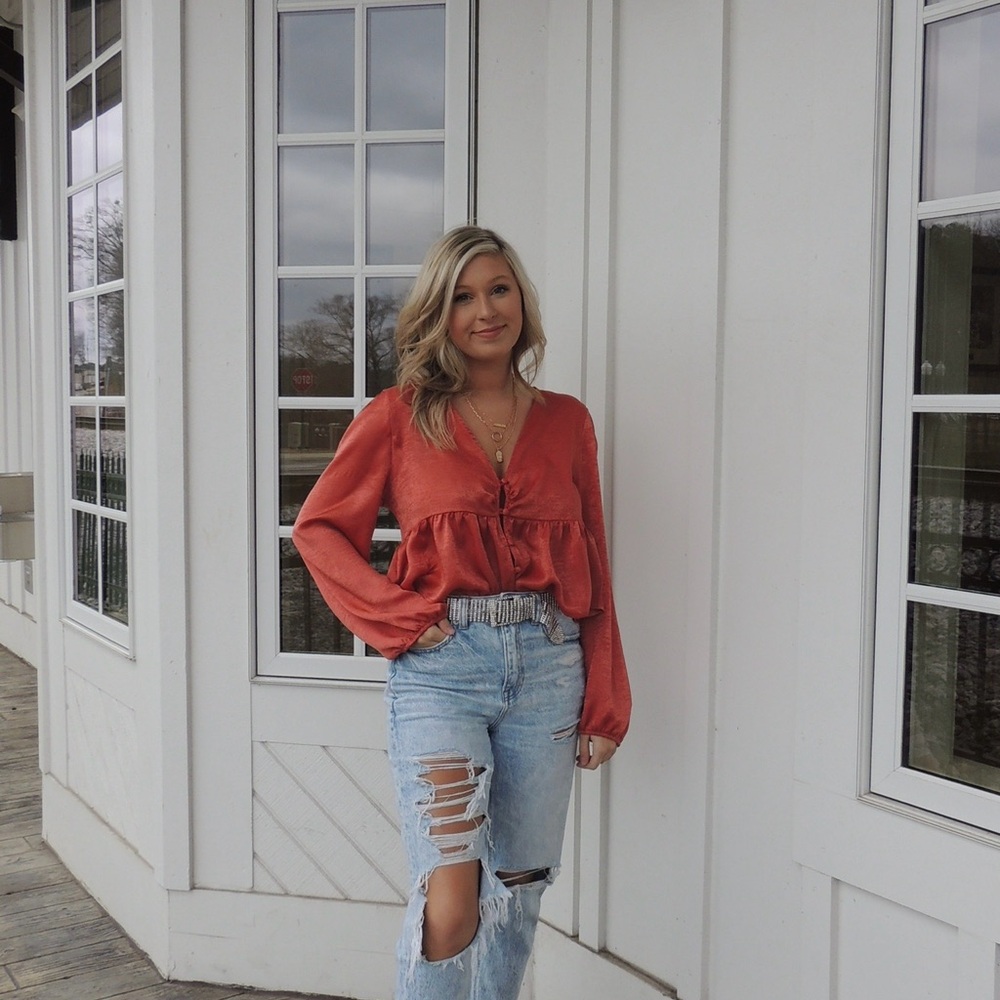 Altar’d State Burnt Orange Satin Peplum Blouse – Size Large